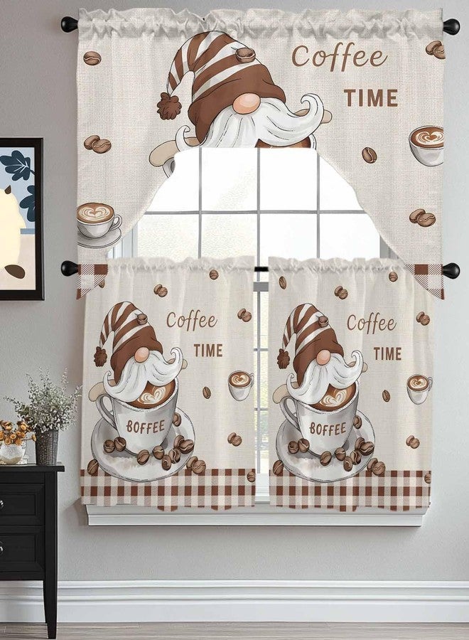 Jolunifun Gnomes Coffee Swag Kitchen Curtain Sets with Valance,3 Pieces Rod Pocket Curtain Drapes for Bedroom Bathroom Cafe Windows,Retro Country Rustic Brown Buffalo Plaid 56''x36''&36''x27.5''x2Panels - Image 3